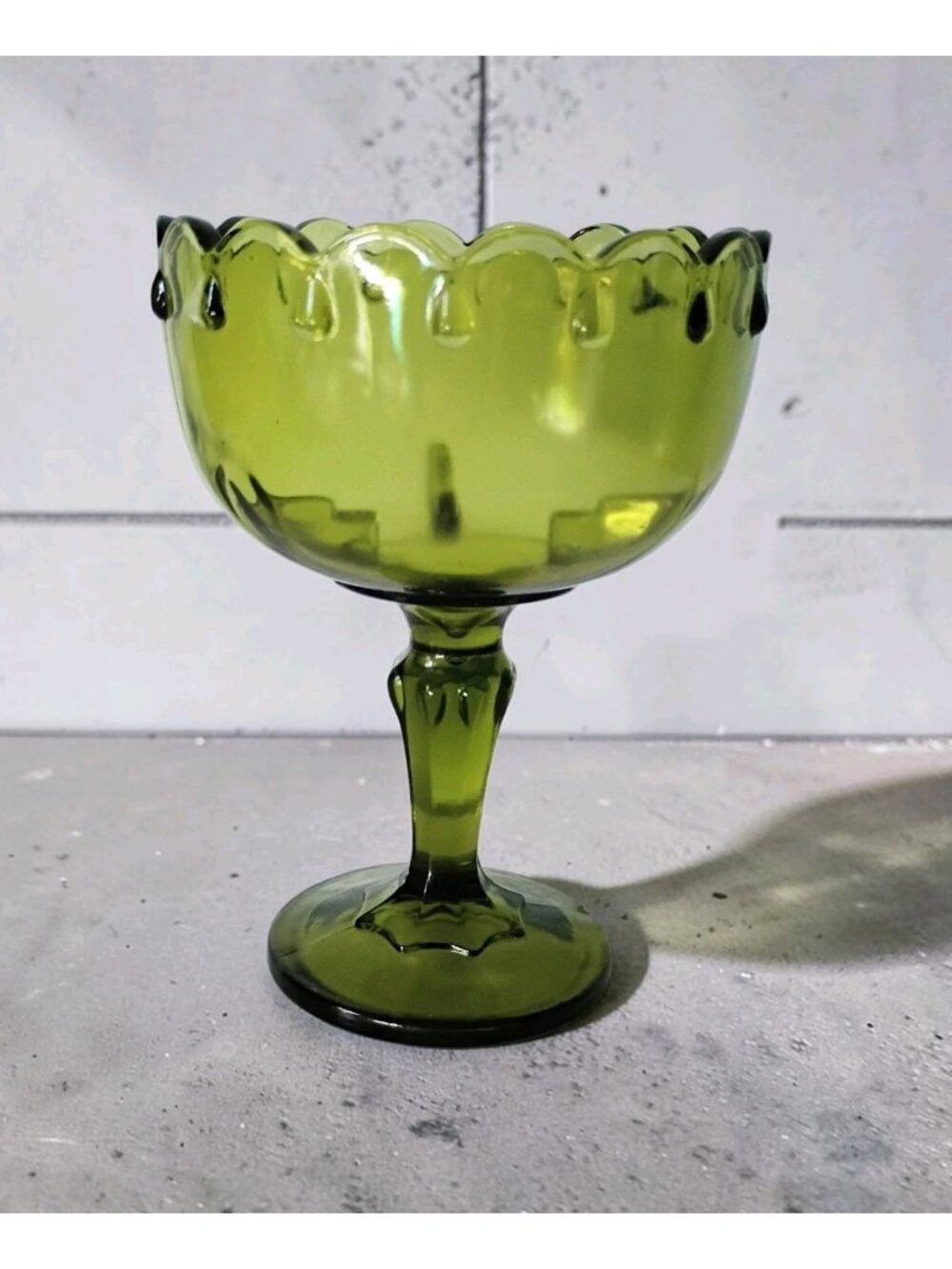 Vintage MCM Indiana Glass Avocado Teardrop Pedestal Compote Scalloped Edging